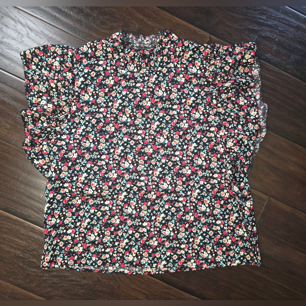 Womens Short Sleeve Floral Ruffle High Neck Casual Blouse Large - Picture 8 of 9